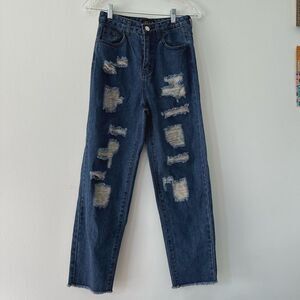Dolls Kill Delia's Rainbow Distressed Straight Leg Blue Jeans Grunge size Small
